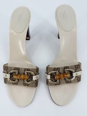 Gucci Tom Ford Monogram Horsebit Bamboo Heel Sandals Mule Slides White 39.5 9.5